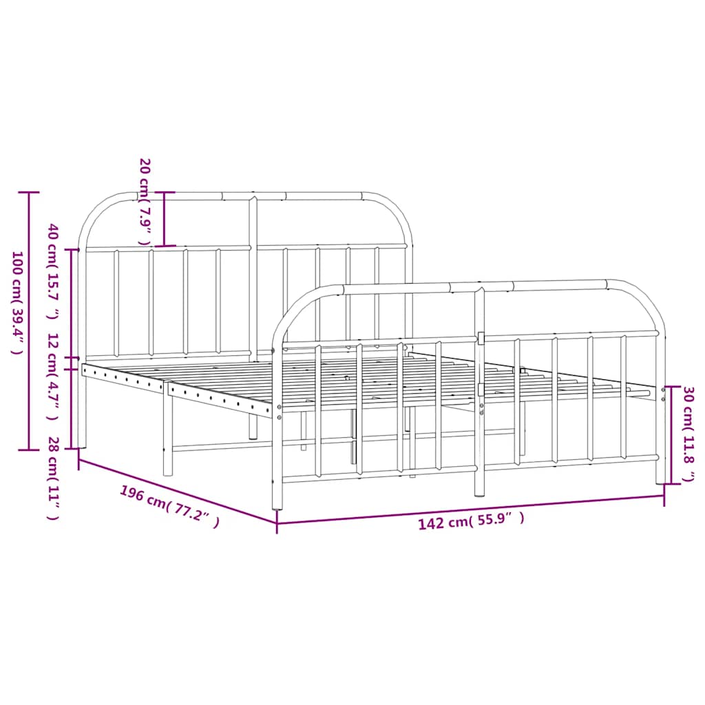 Bed frame with head and footboard metal black 135x190 cm