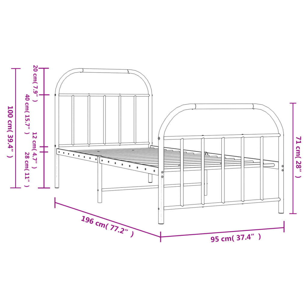 Bed frame with head and footboard metal white 90x190 cm