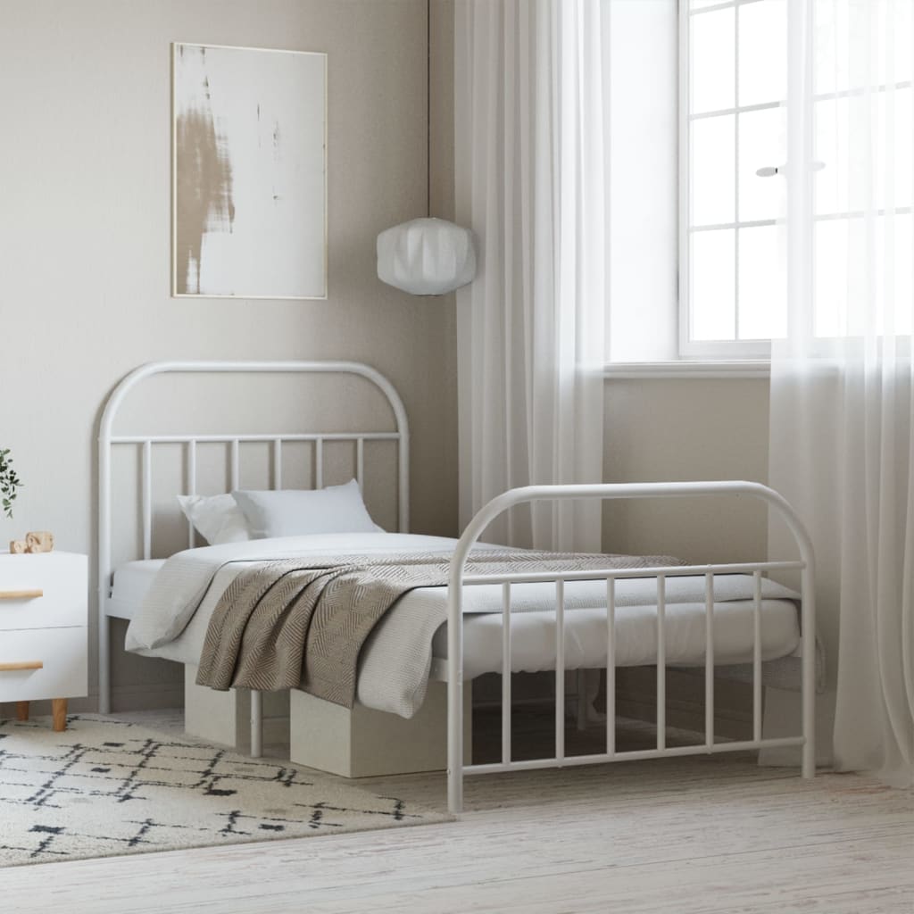 Bed frame with head and footboard metal white 100x190 cm