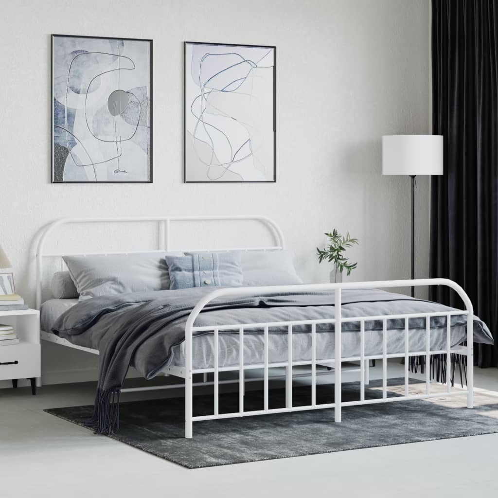 Bed frame with head and footboard metal white 183x213 cm