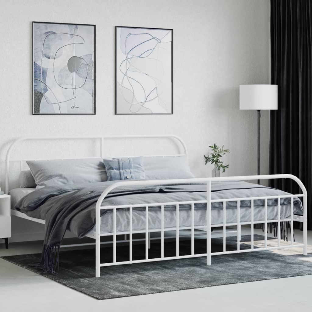 Bed frame with head and footboard metal white 193x203 cm