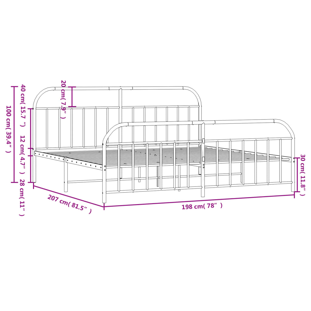 Bed frame with head and footboard metal white 193x203 cm