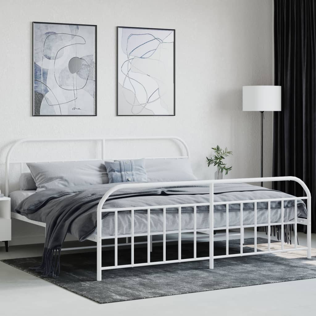 Bed frame with head and footboard metal white 200x200 cm