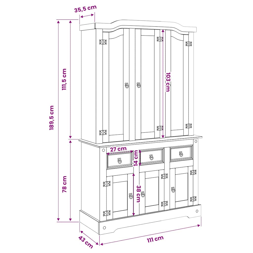 Highboard Corona 112x43x191,5 cm Massivholz Mexikanische Kiefer