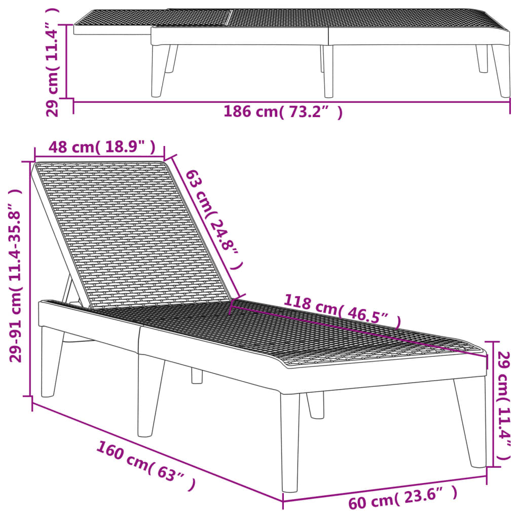 Bain de soleil marron 186x60x29 cm PP