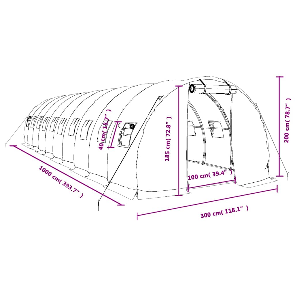 Gewächshaus mit Stahlrahmen Weiß 30 m² 10x3x2 m