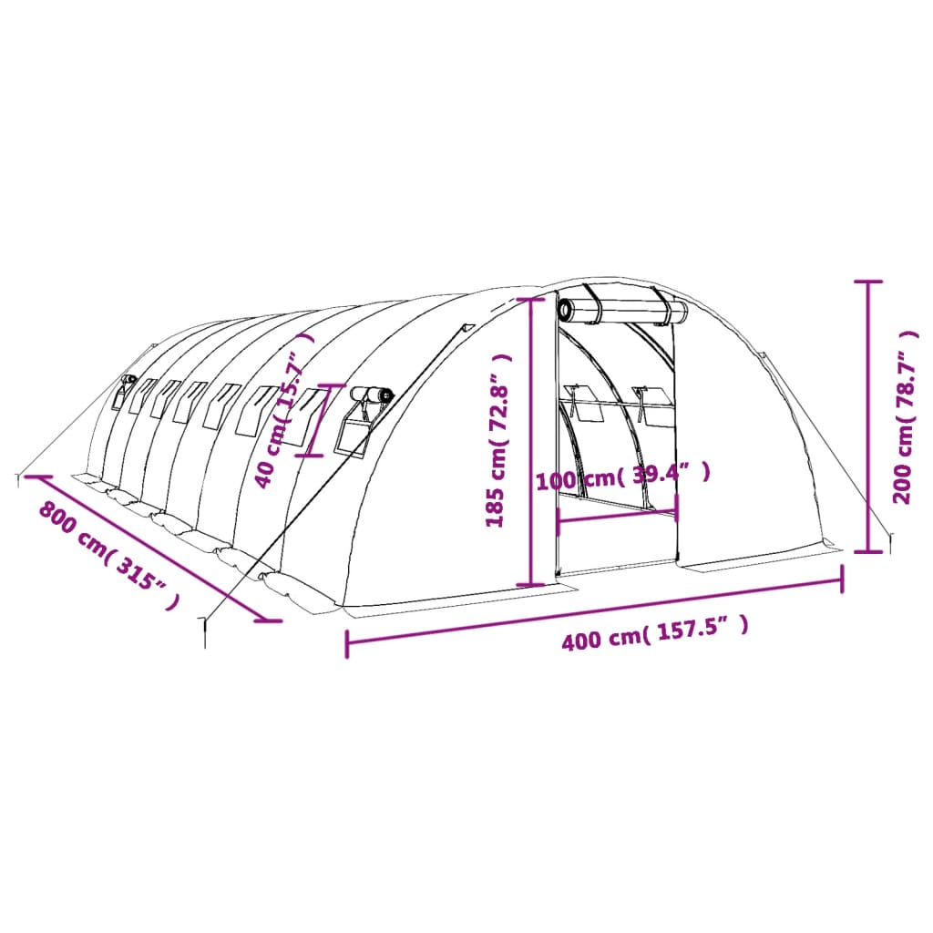 Gewächshaus mit Stahlrahmen Weiß 32 m² 8x4x2 m