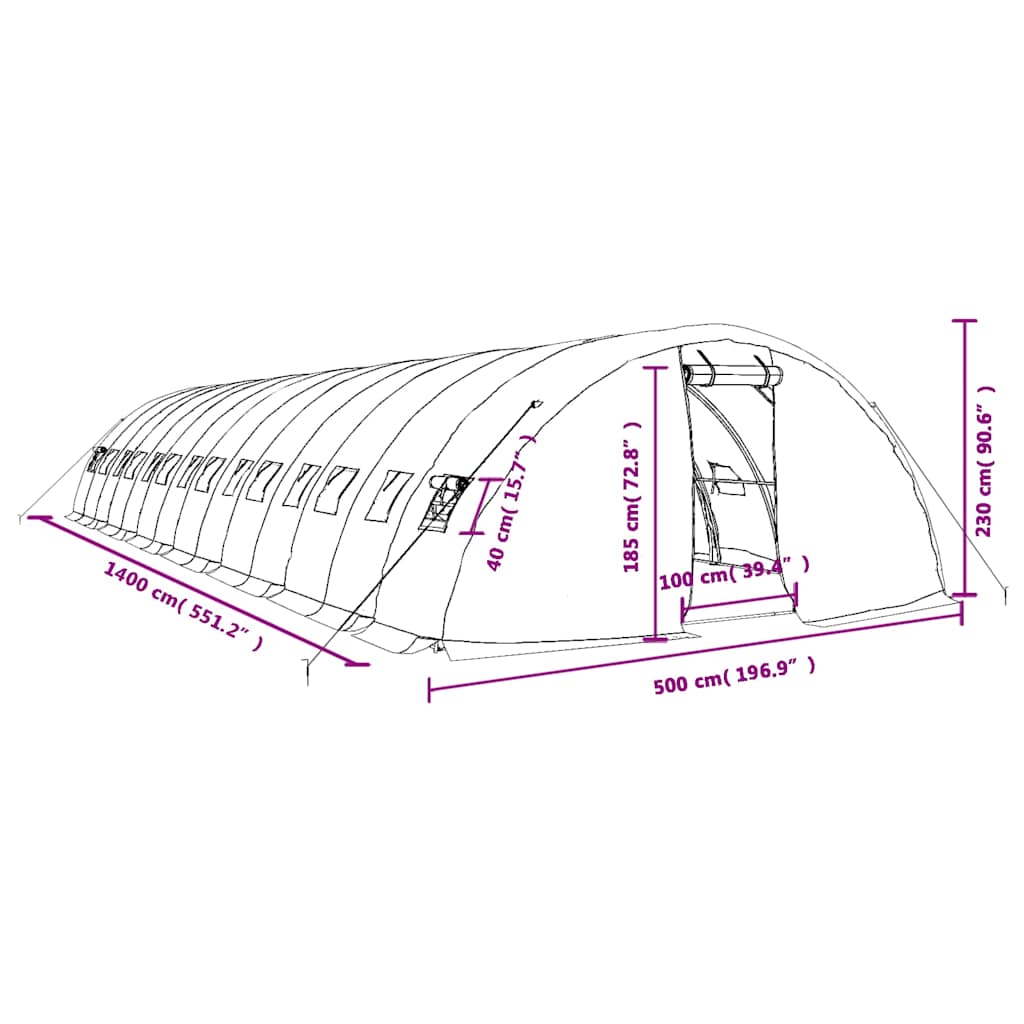 Gewächshaus mit Stahlrahmen Grün 70 m² 14x5x2,3 m