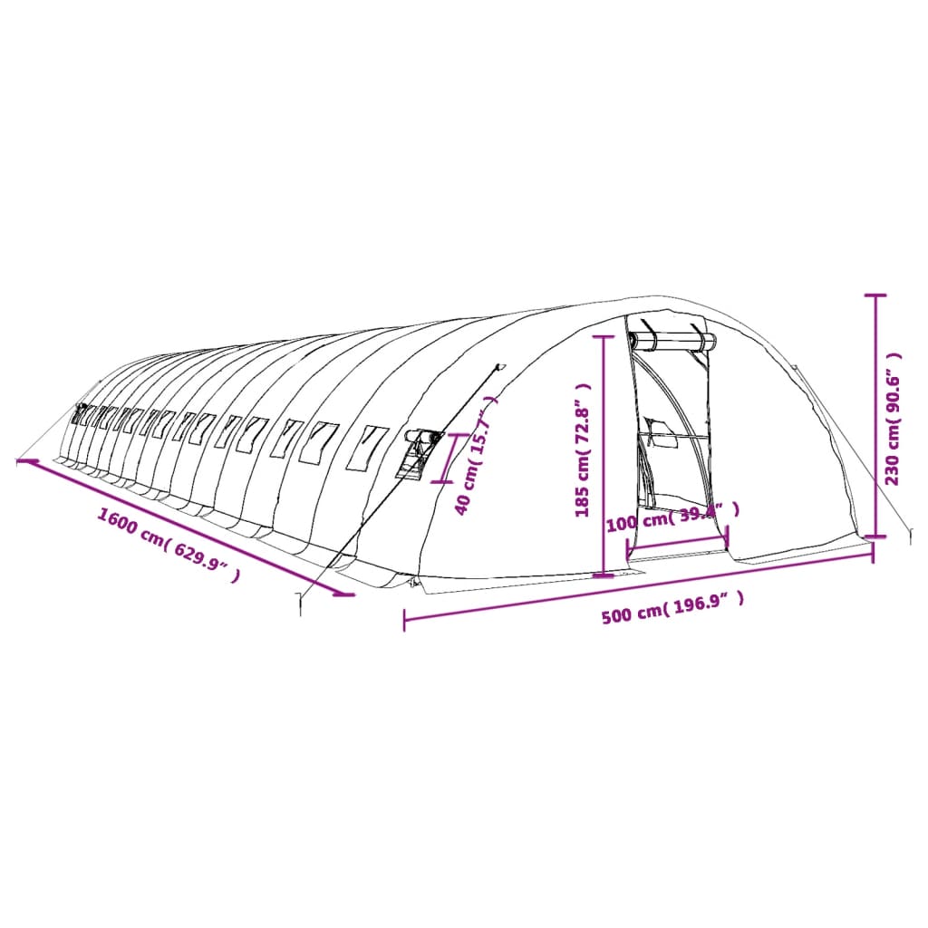 Gewächshaus mit Stahlrahmen Grün 80 m² 16x5x2,3 m