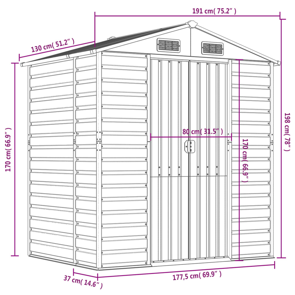 Gerätehaus Hellgrau 191x130x198 cm Verzinkter Stahl