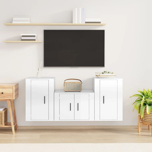 Ensemble de meubles TV 3 pièces, blanc brillant, matériau à base de bois