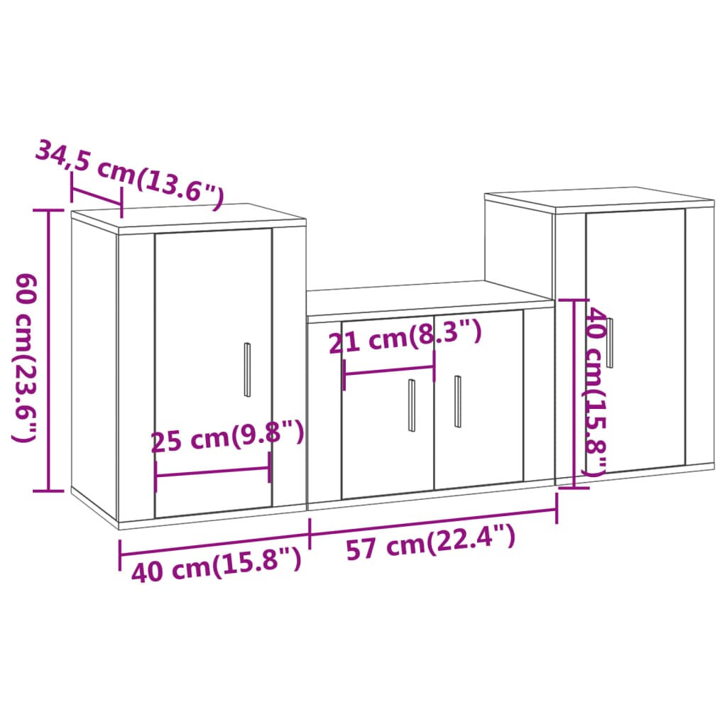 Ensemble de meubles TV 3 pièces en bois aspect chêne brun