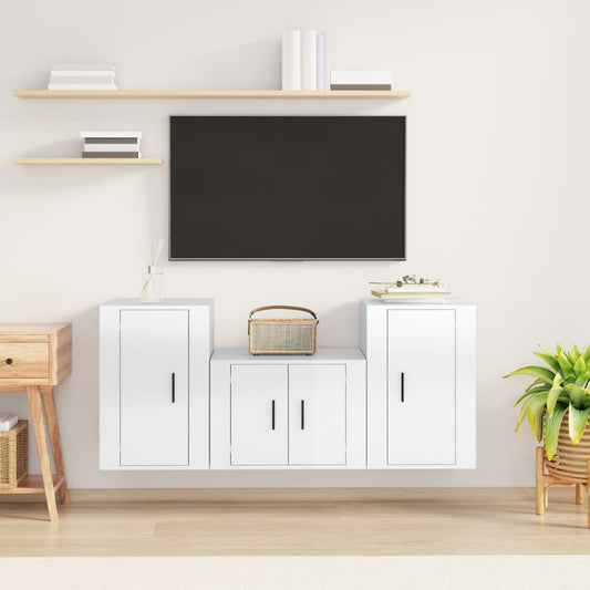 Ensemble de meubles TV 3 pièces, blanc brillant, matériau à base de bois