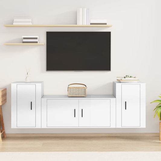 Ensemble de meubles TV 3 pièces, blanc brillant, matériau à base de bois