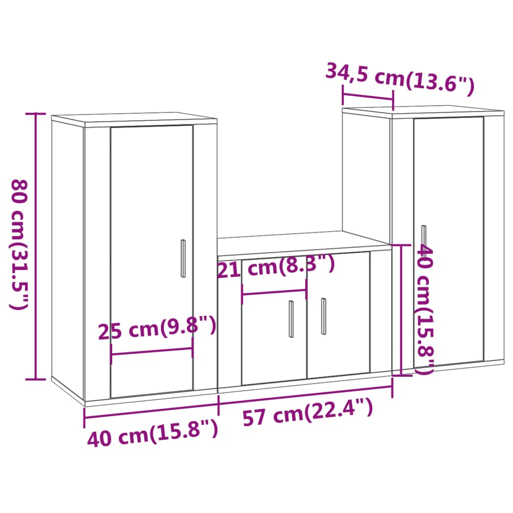 Ensemble de meubles TV 3 pièces en bois aspect chêne brun