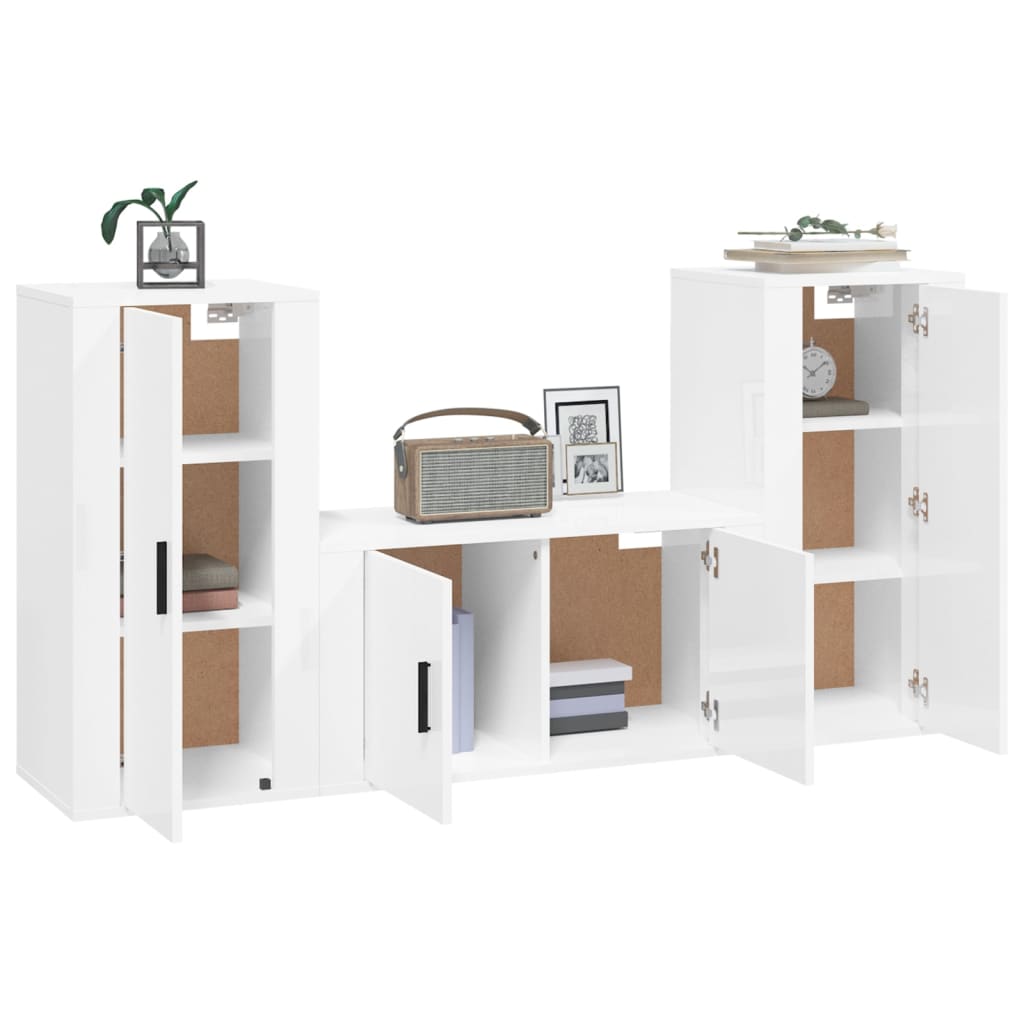 Ensemble de meubles TV 3 pièces, blanc brillant, matériau à base de bois