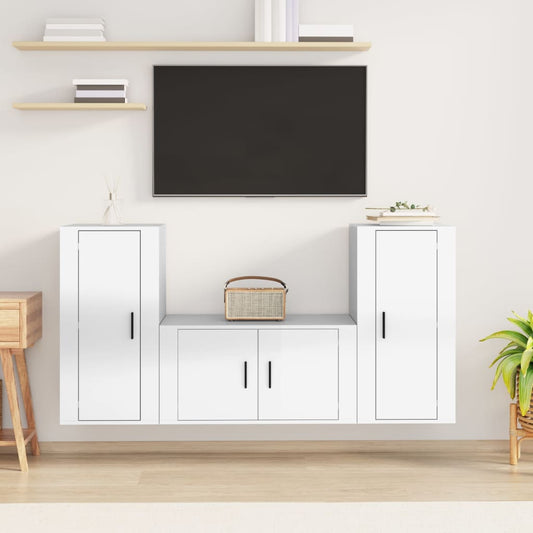 Ensemble de meubles TV 3 pièces, blanc brillant, matériau à base de bois