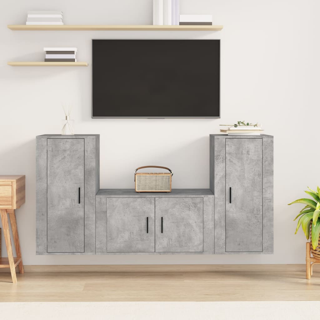 Ensemble de meubles TV 3 pièces en béton gris à base de bois