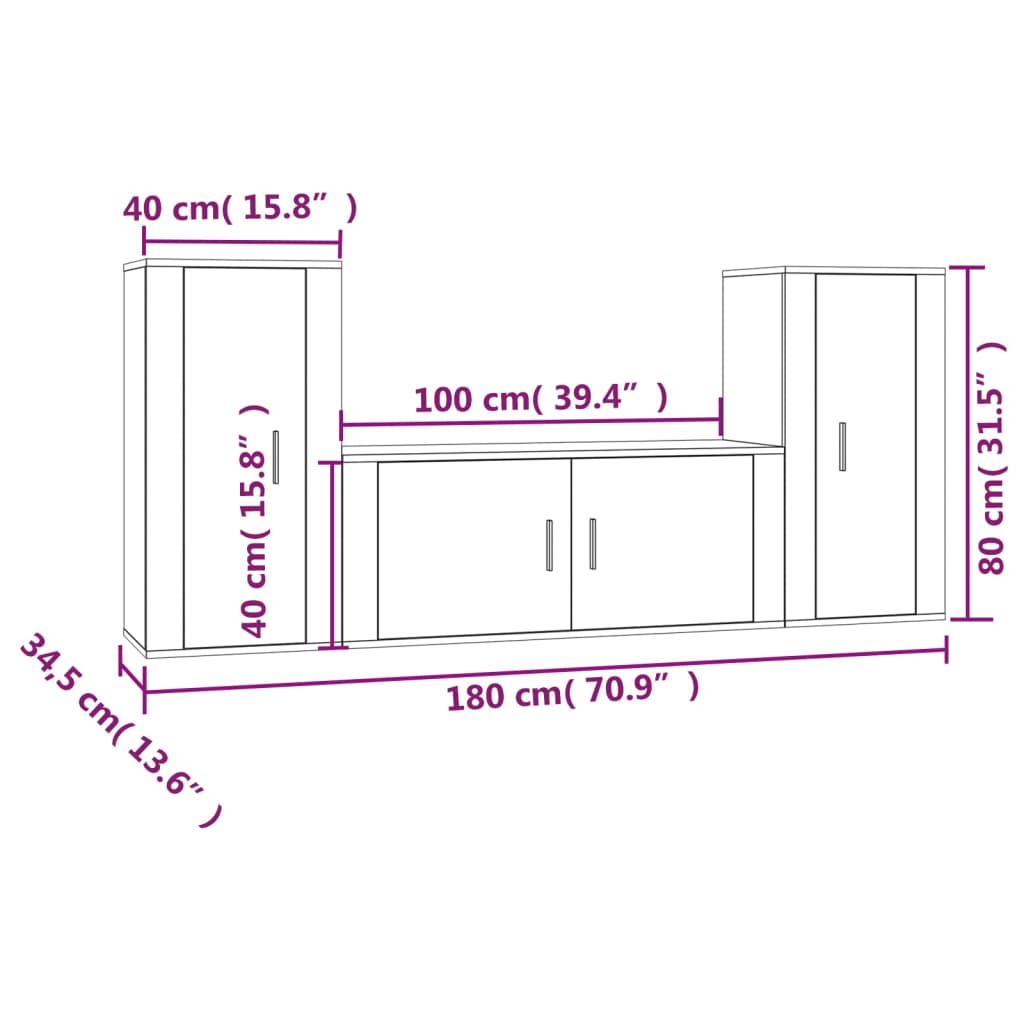 Ensemble de meubles TV 3 pièces, blanc brillant, matériau à base de bois