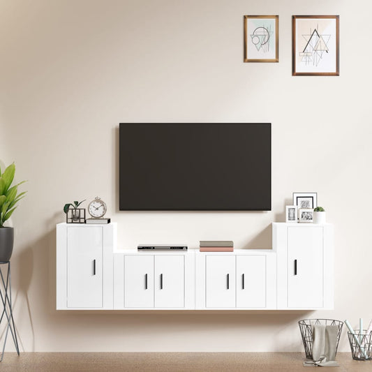 Ensemble de meubles TV 4 pièces, blanc brillant, matériau à base de bois
