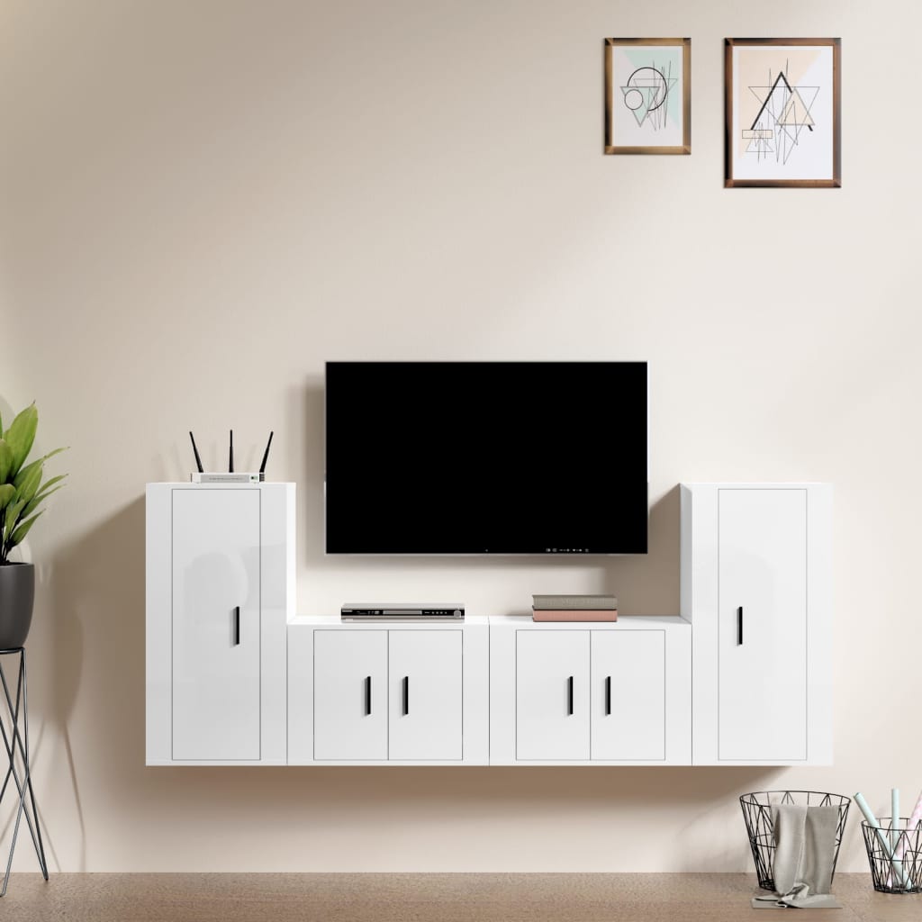 Ensemble de meubles TV 4 pièces, blanc brillant, matériau à base de bois