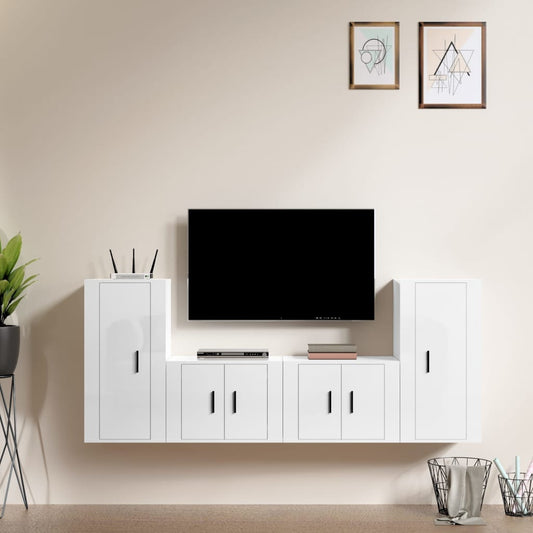 Ensemble de meubles TV 4 pièces, blanc brillant, matériau à base de bois