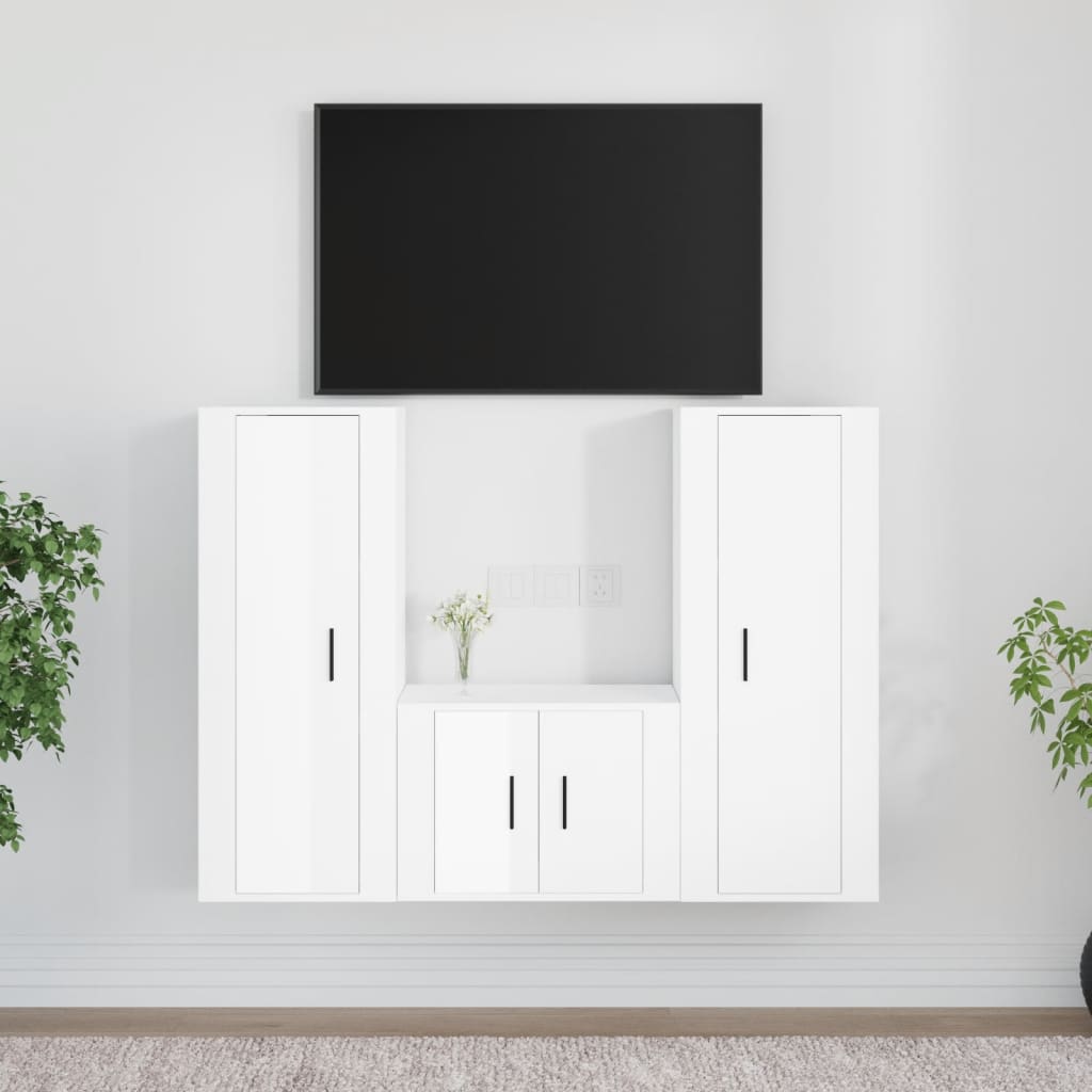 Ensemble de meubles TV 3 pièces, blanc brillant, matériau à base de bois