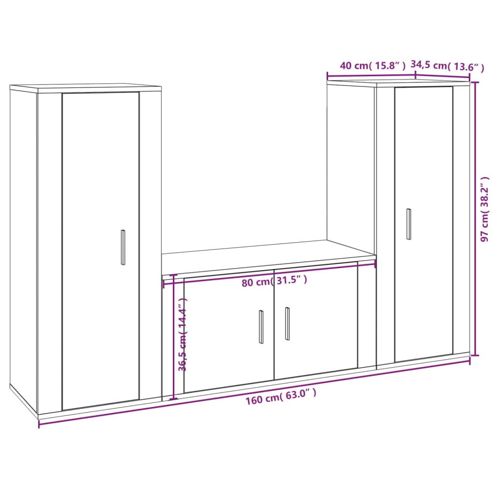 Ensemble de meubles TV 3 pièces, blanc brillant, matériau à base de bois