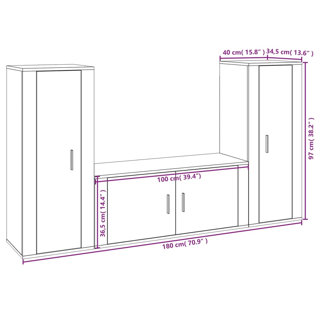 Ensemble de meubles TV 3 pièces, blanc brillant, matériau à base de bois