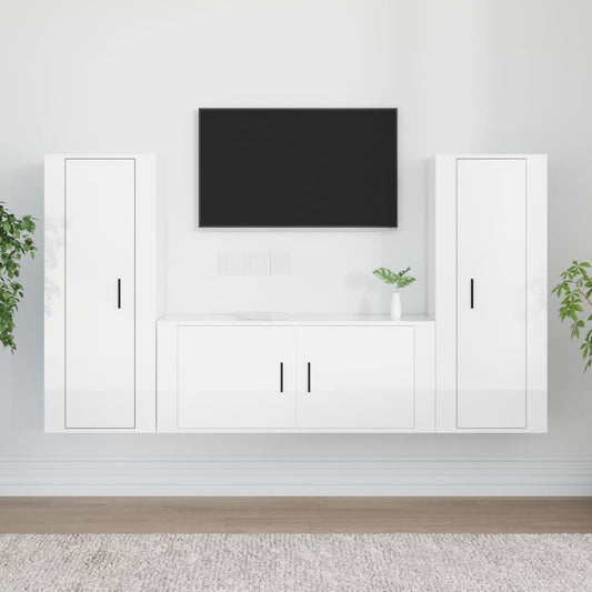 Ensemble de meubles TV 3 pièces, blanc brillant, matériau à base de bois
