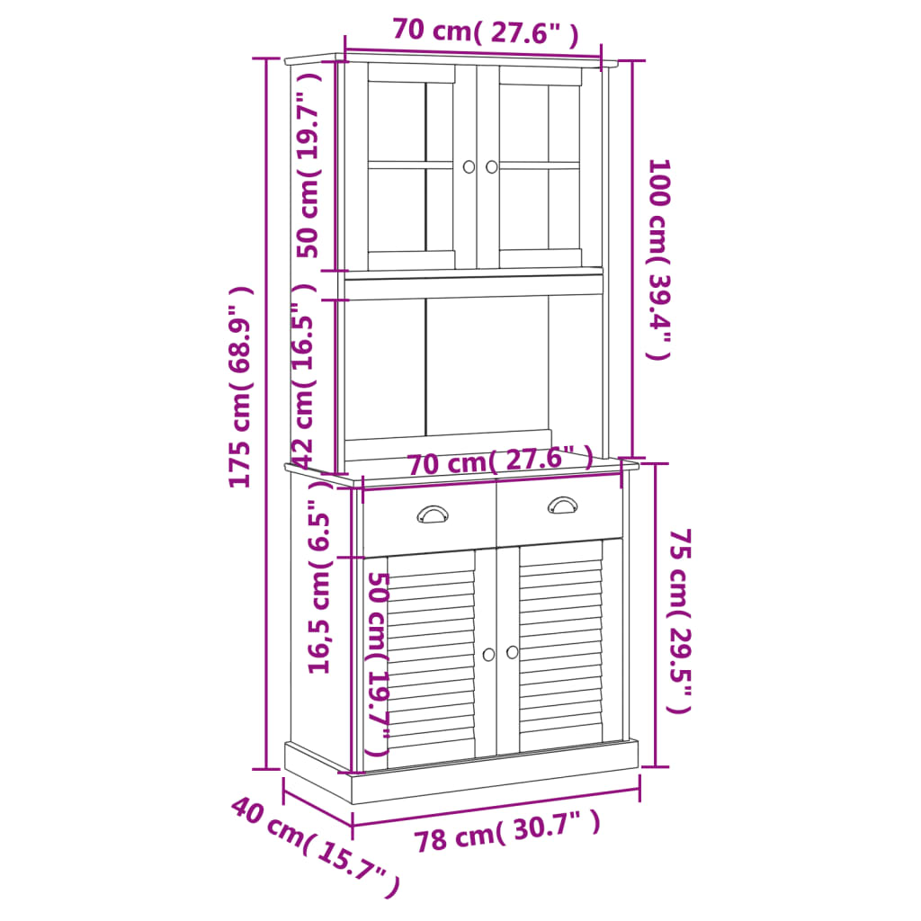 Highboard VIGO Weiß 78x40x175 cm Massivholz Kiefer