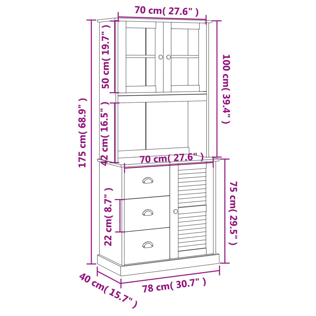 Highboard VIGO Weiß 78x40x175 cm Massivholz Kiefer