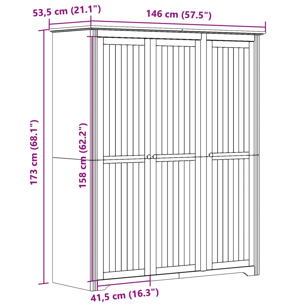 Armoire BODO blanc 146x53,5x173 cm bois de pin massif