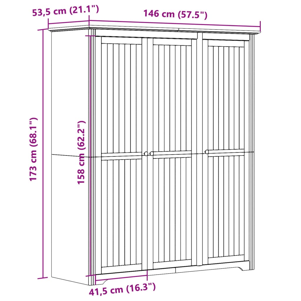 Armoire BODO gris 146x53,5x173 cm bois de pin massif