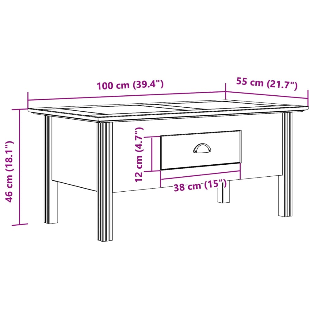 Couchtisch BODO Weiß 100x55x46 cm Massivholz Kiefer