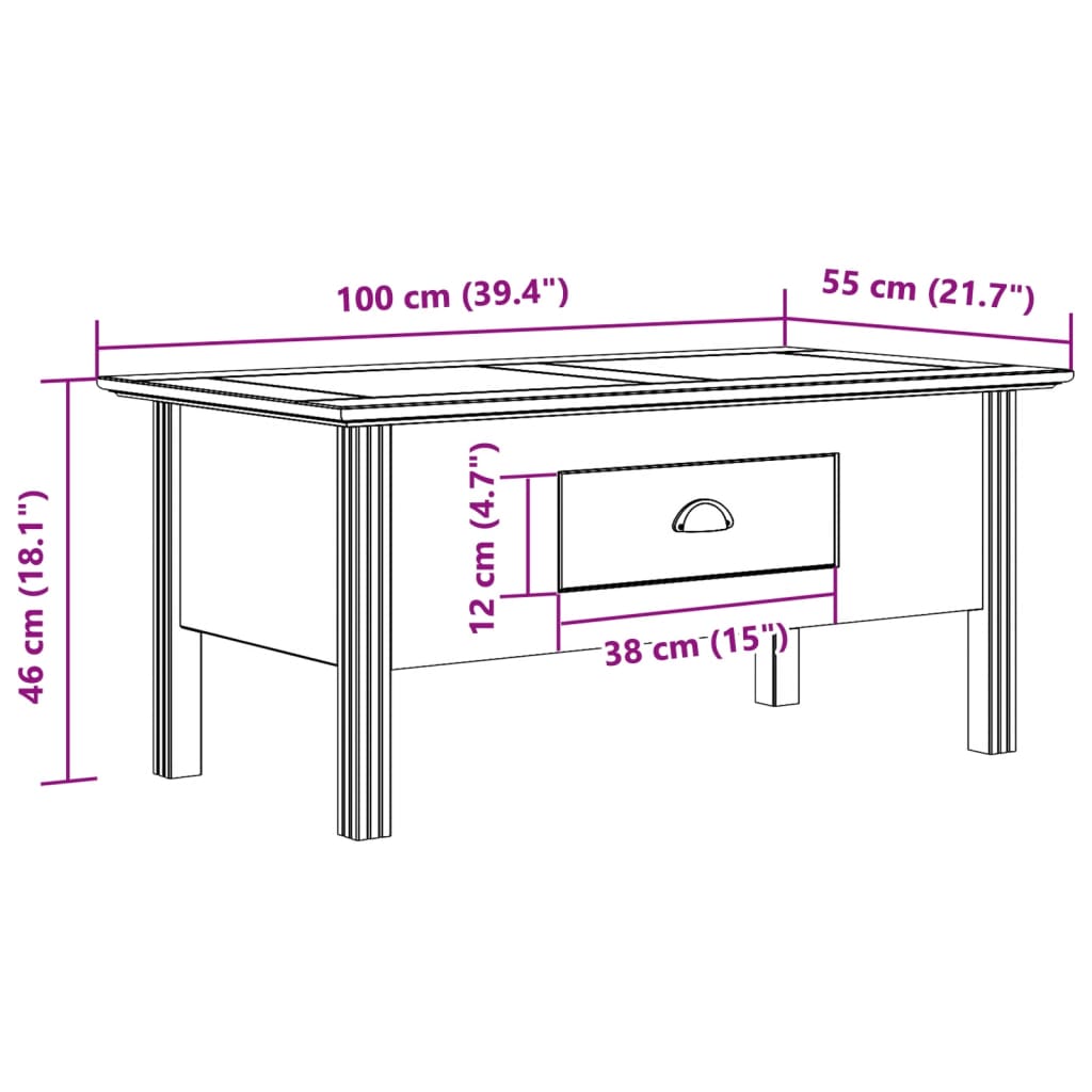 Couchtisch BODO Grau 100x55x46 cm Massivholz Kiefer