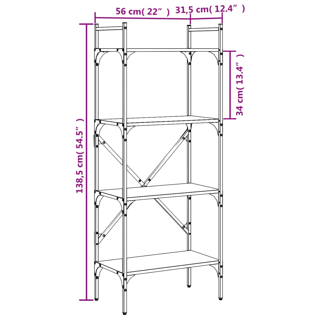 Bibliothèque 4 compartiments chêne fumé 56x31,5x138,5cm matière bois