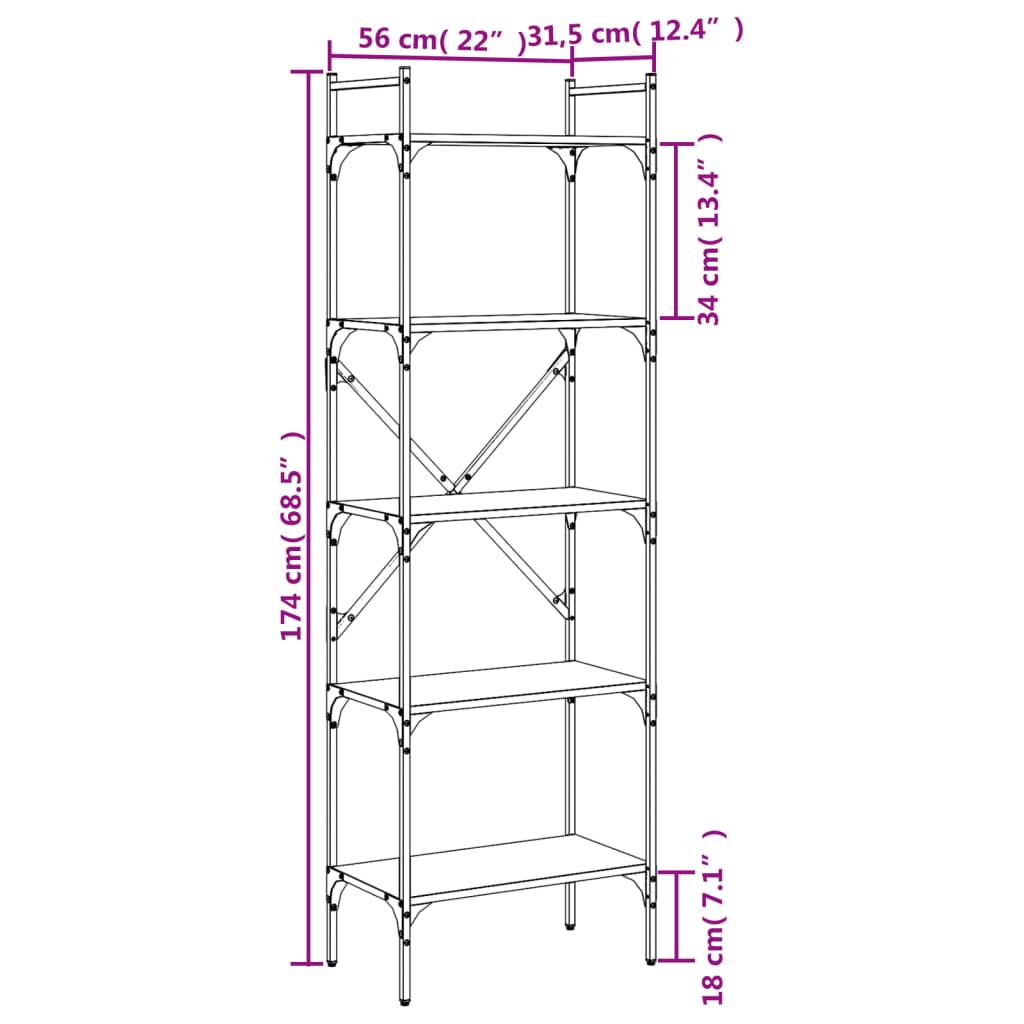 Bibliothèque 5 compartiments chêne fumé 56x31,5x174 cm matière bois