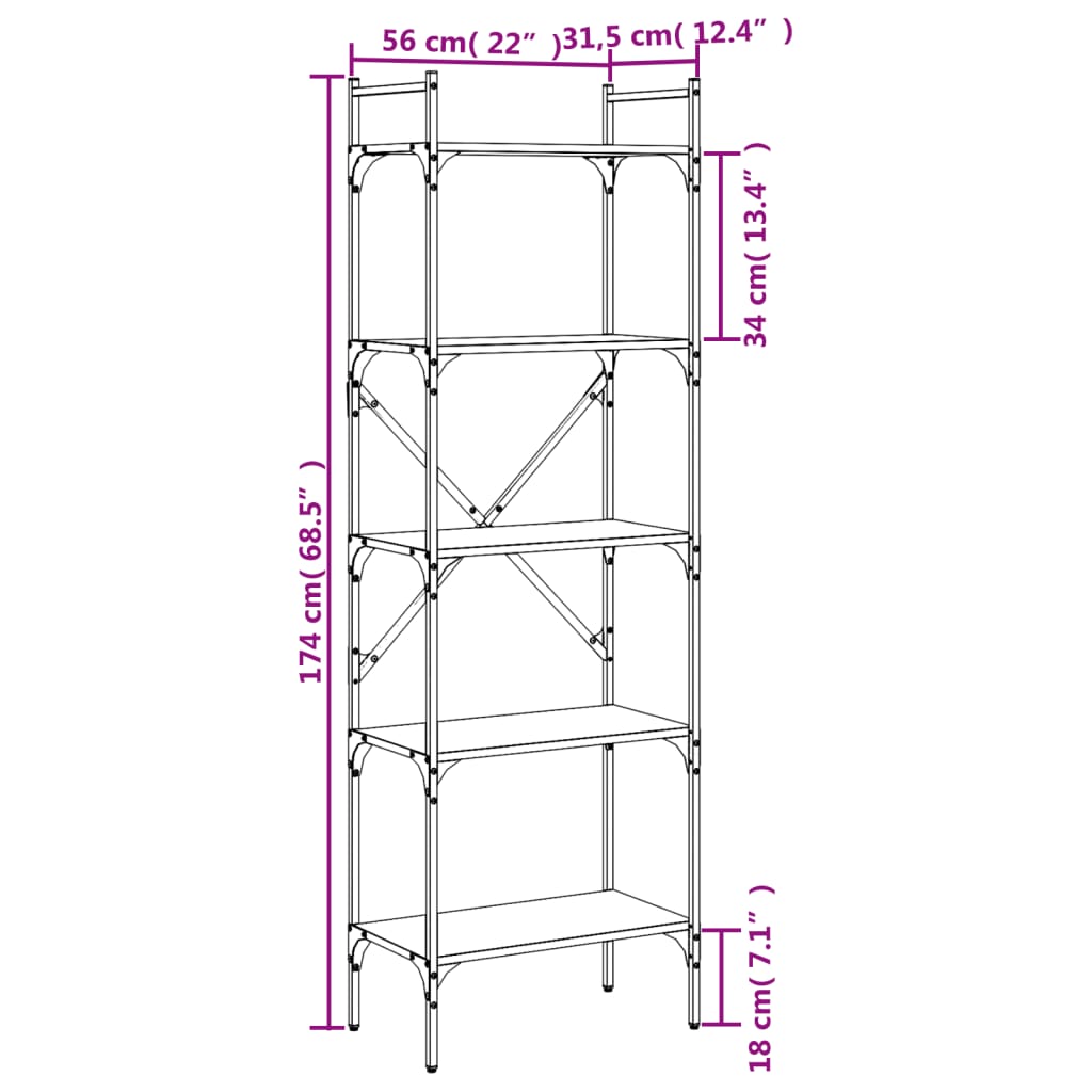 Bibliothèque 5 compartiments chêne brun 56x31,5x174 cm matière bois