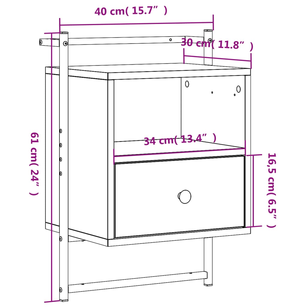 Table de chevet murale chêne Sonoma 40x30x61 cm matière bois