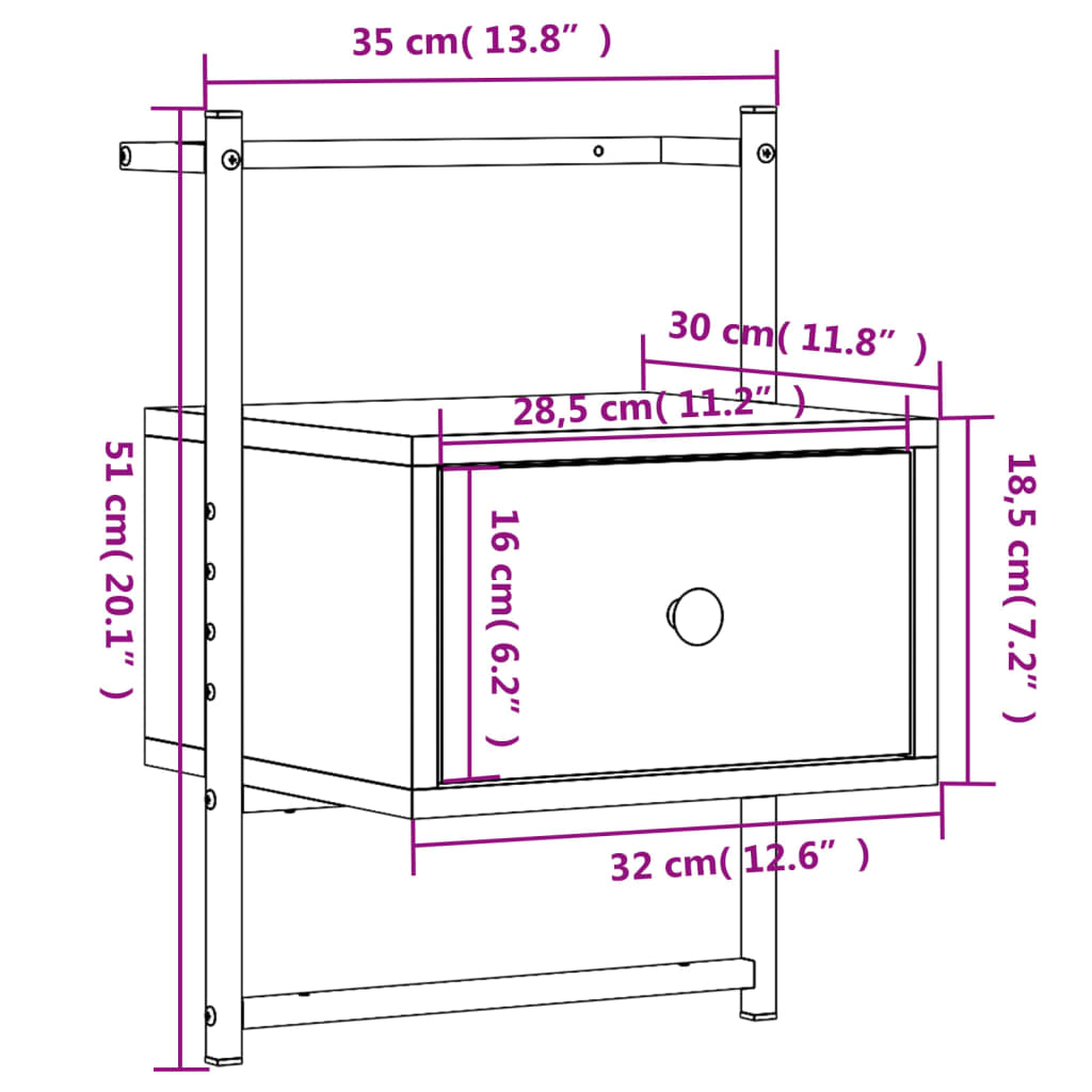 Table de chevet murale chêne fumé 35x30x51 cm matière bois