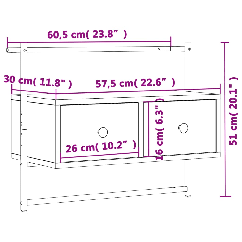 Meuble TV mural chêne fumé 60,5x30x51 cm matériau bois