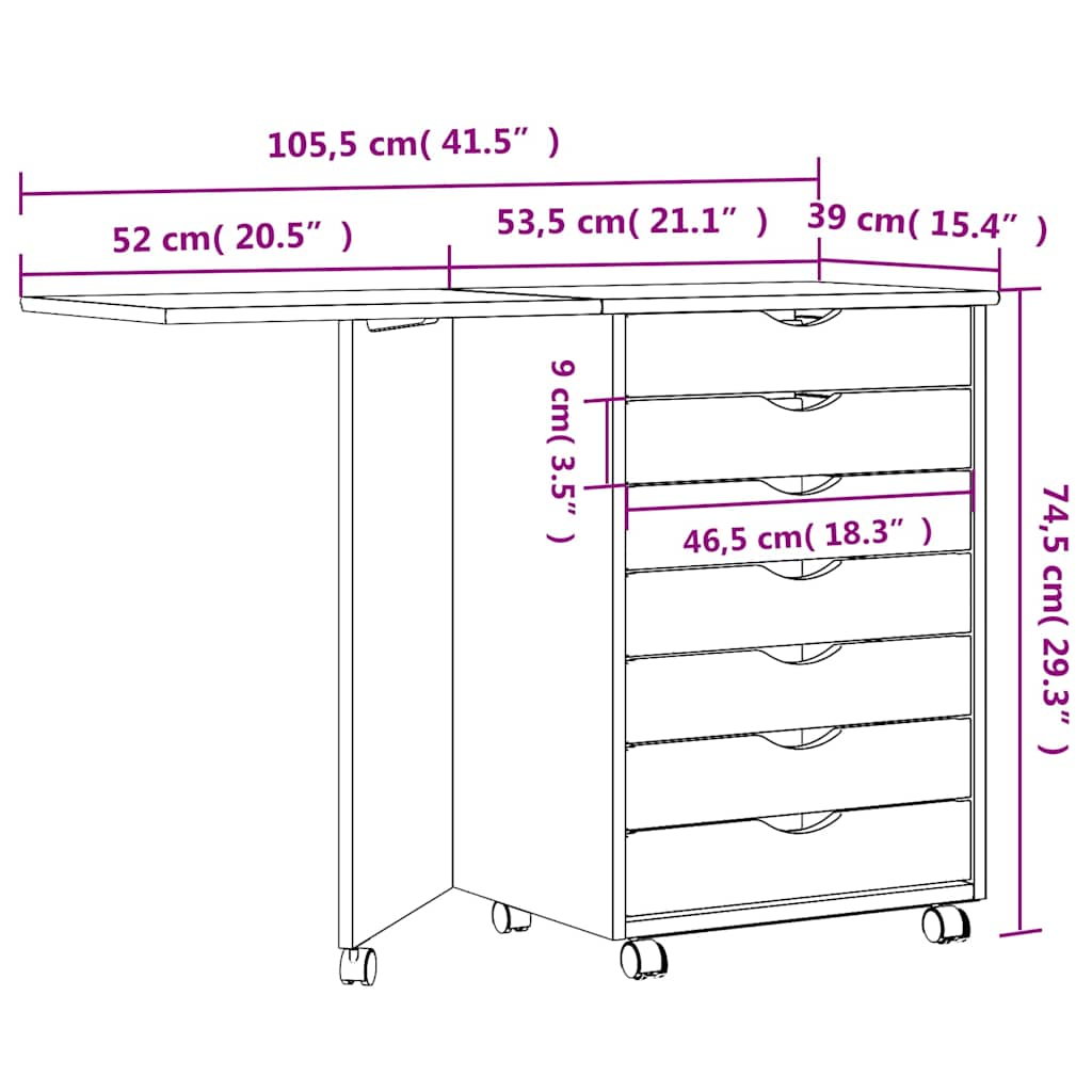 Meuble roulant avec bureau MOSS en bois de pin massif blanc