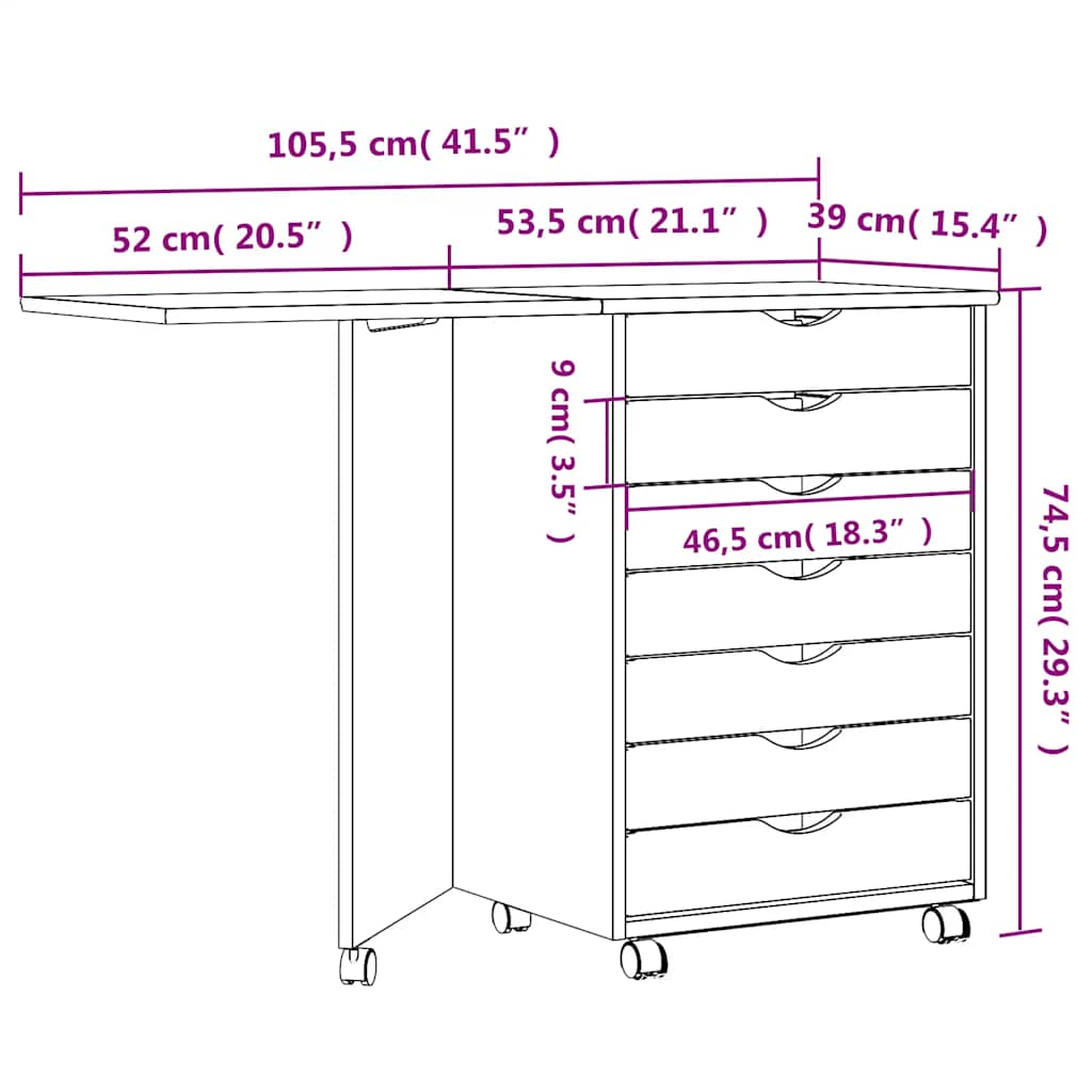 Meuble roulant avec bureau MOSS Gris bois de pin massif