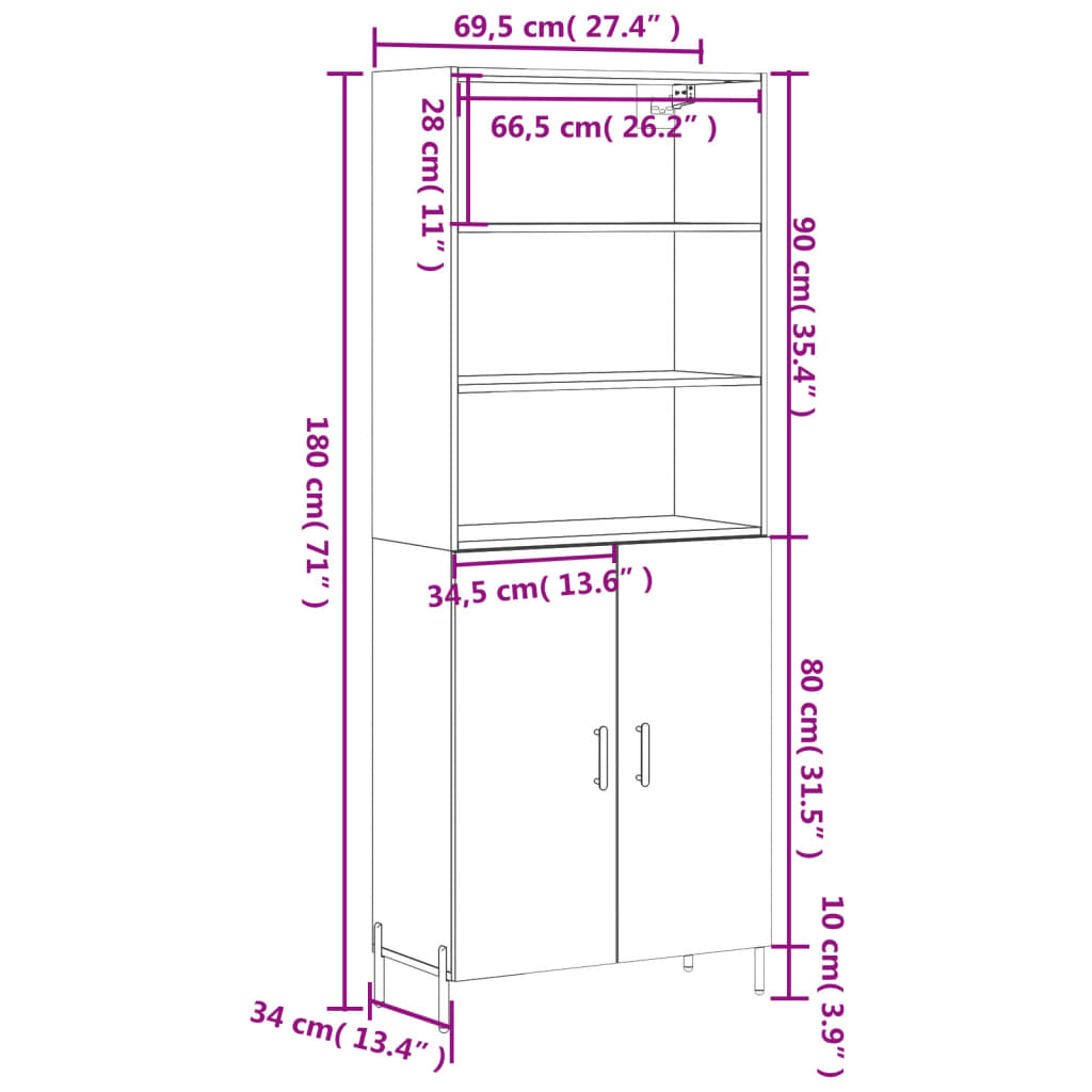 Highboard Sonoma-Eiche 69,5x34x180 cm Holzwerkstoff