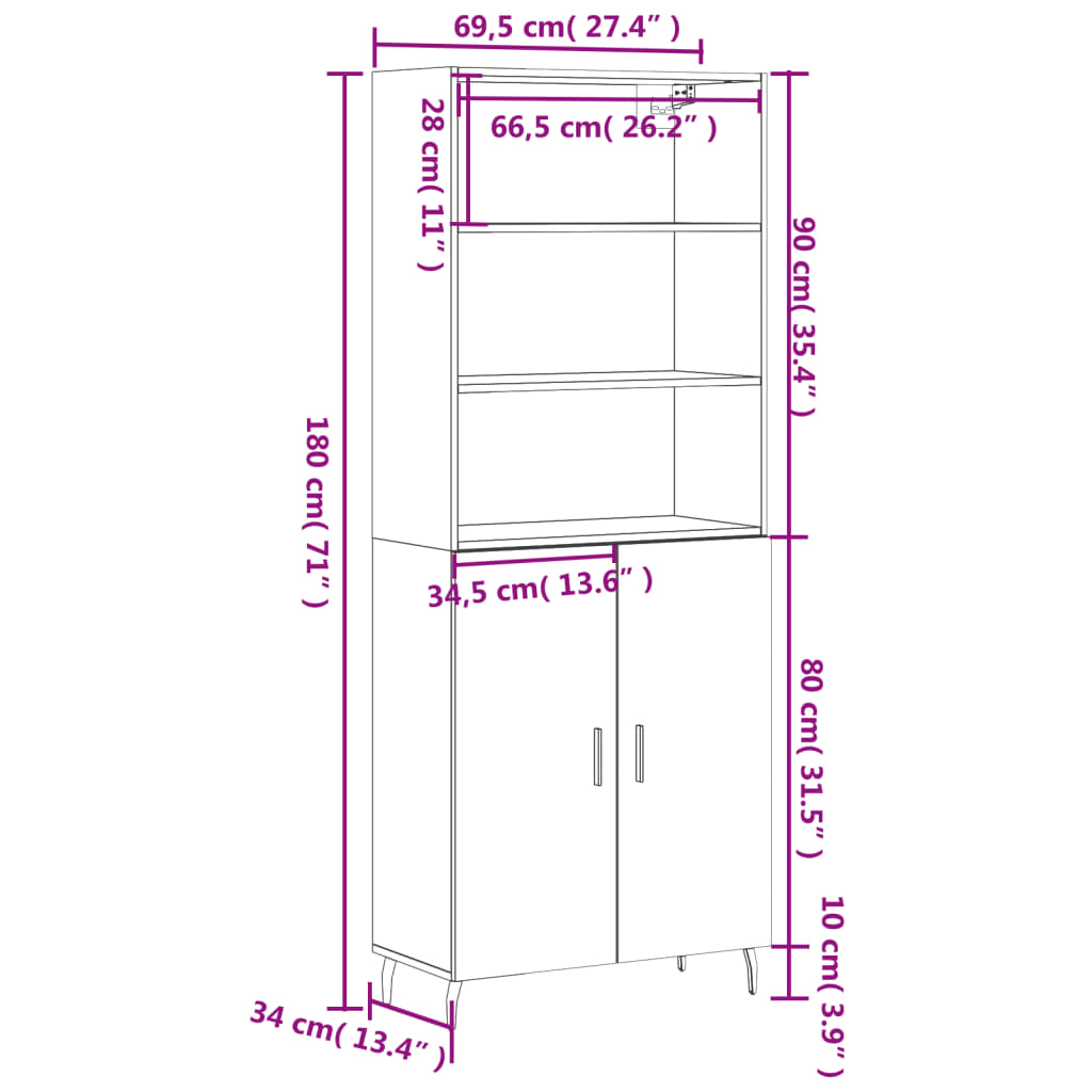 Highboard Grau Sonoma 69,5x34x180 cm Holzwerkstoff