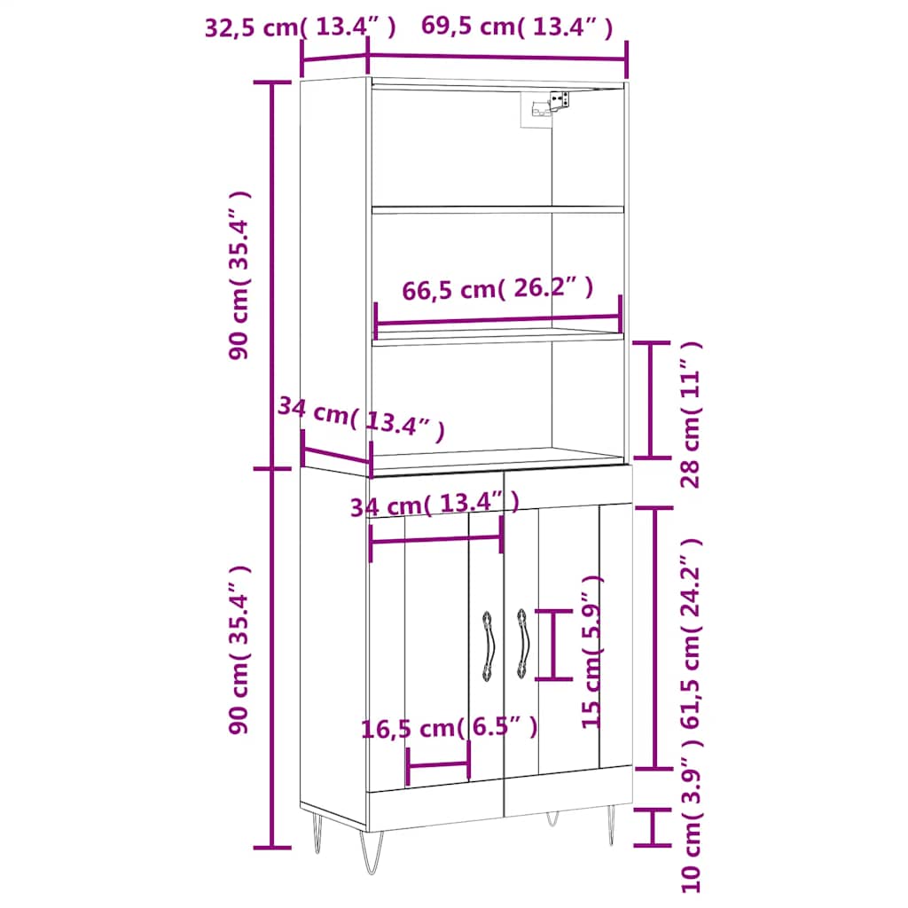 Highboard Weiß 69,5x34x180 cm Holzwerkstoff