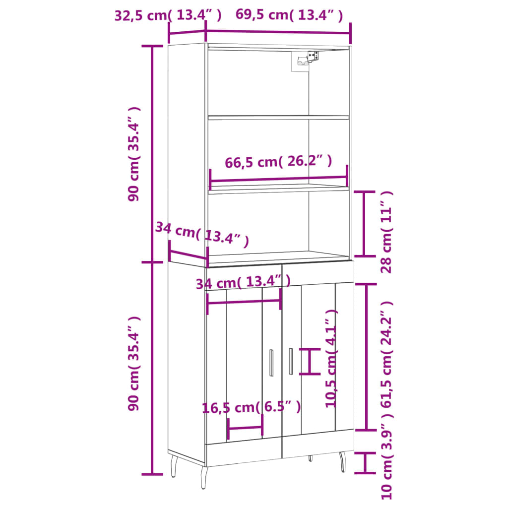 Highboard Weiß 69,5x34x180 cm Holzwerkstoff