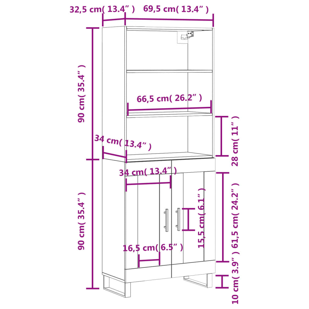 Highboard Weiß 69,5x34x180 cm Holzwerkstoff