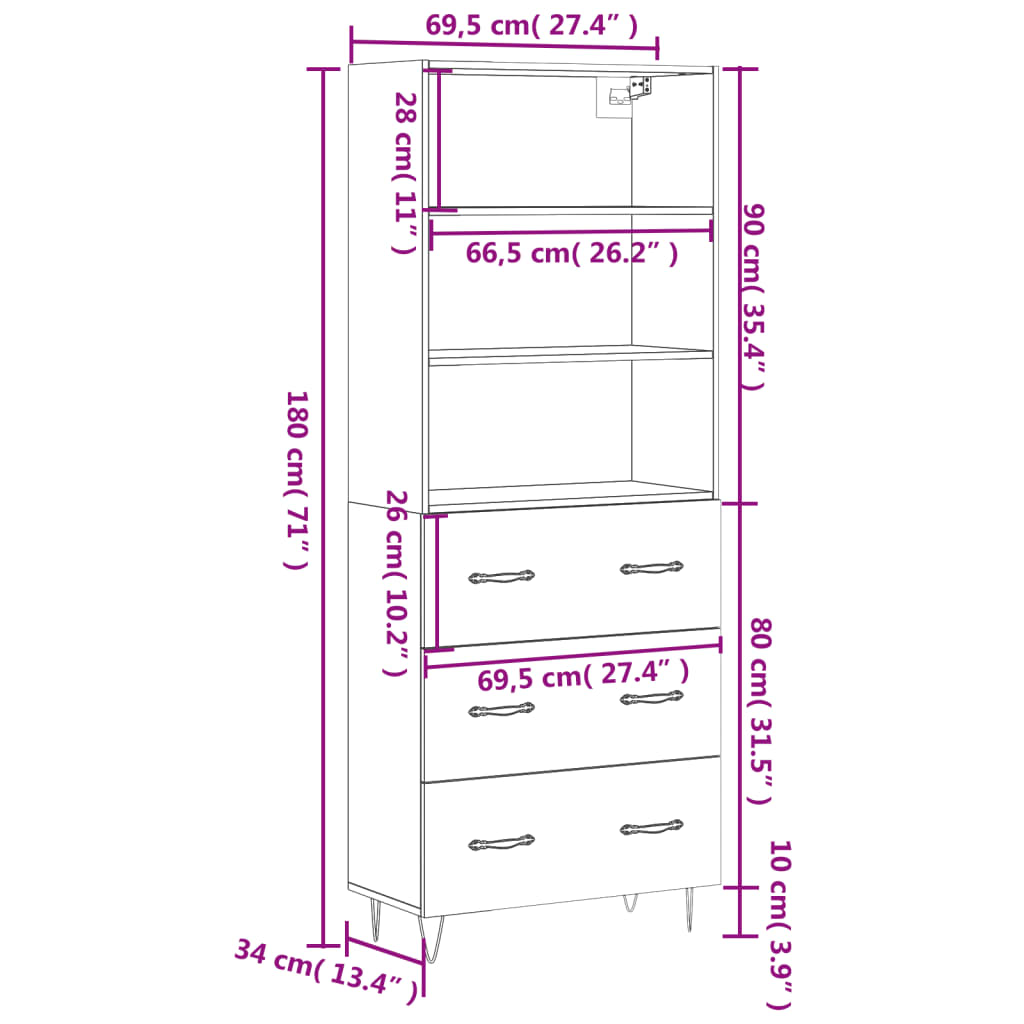 Highboard Sonoma-Eiche 69,5x34x180 cm Holzwerkstoff
